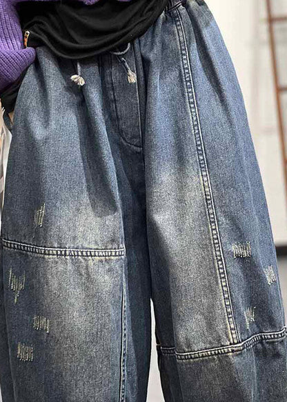 Plus Size Blau Elastische Taille Patchwork Kordelzug Baumwolle Denim Hosen Herbst