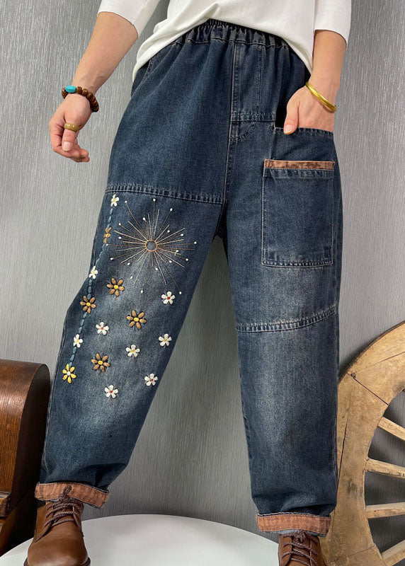 Plus Size Blaue bestickte Taschen Jeanshose Frühling