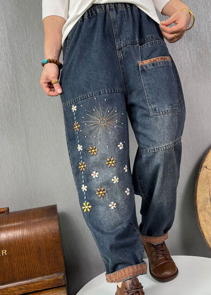 Plus Size Blaue bestickte Taschen Jeanshose Frühling