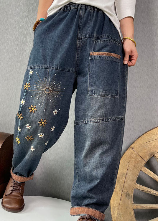 Plus Size Blaue bestickte Taschen Jeanshose Frühling