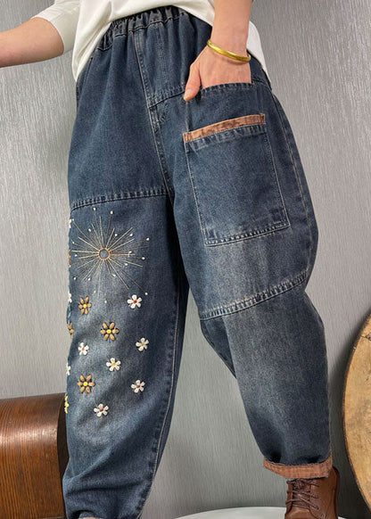 Plus Size Blaue bestickte Taschen Jeanshose Frühling
