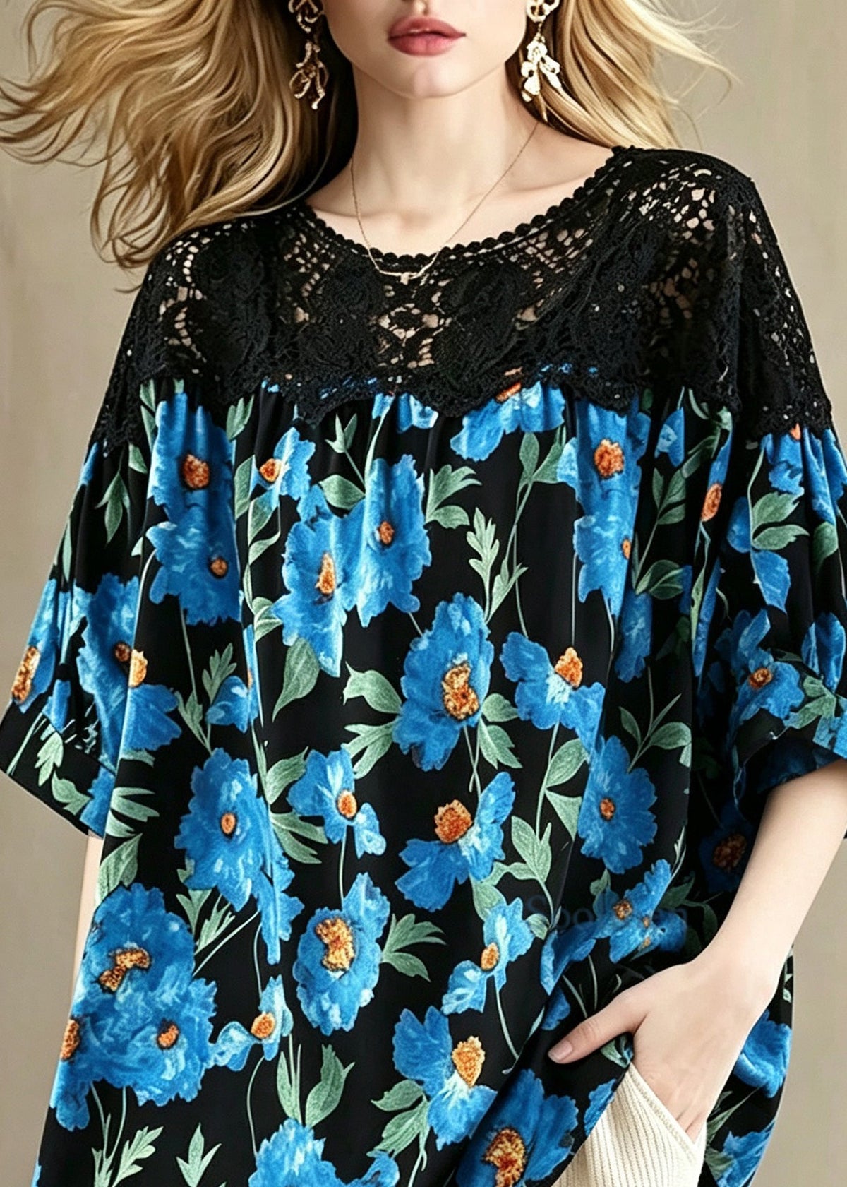 Plus Size Blue Floral O-Neck Lace Patchwork Top Summer