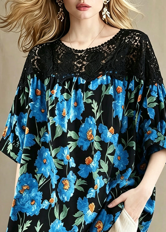 Plus Size Blue Floral O-Neck Lace Patchwork Top Summer