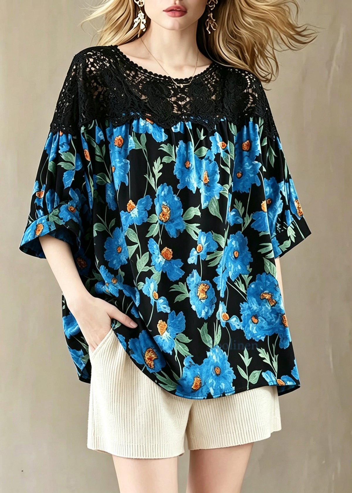 Plus Size Blue Floral O-Neck Lace Patchwork Top Summer