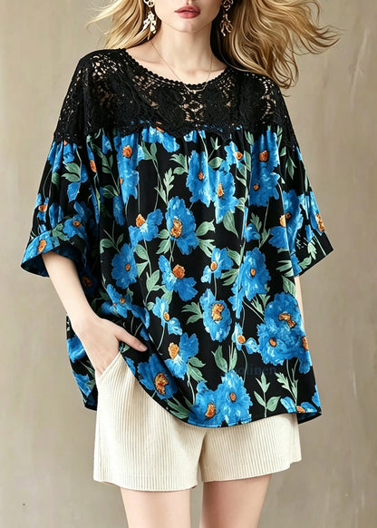Plus Size Blue Floral O-Neck Lace Patchwork Top Summer