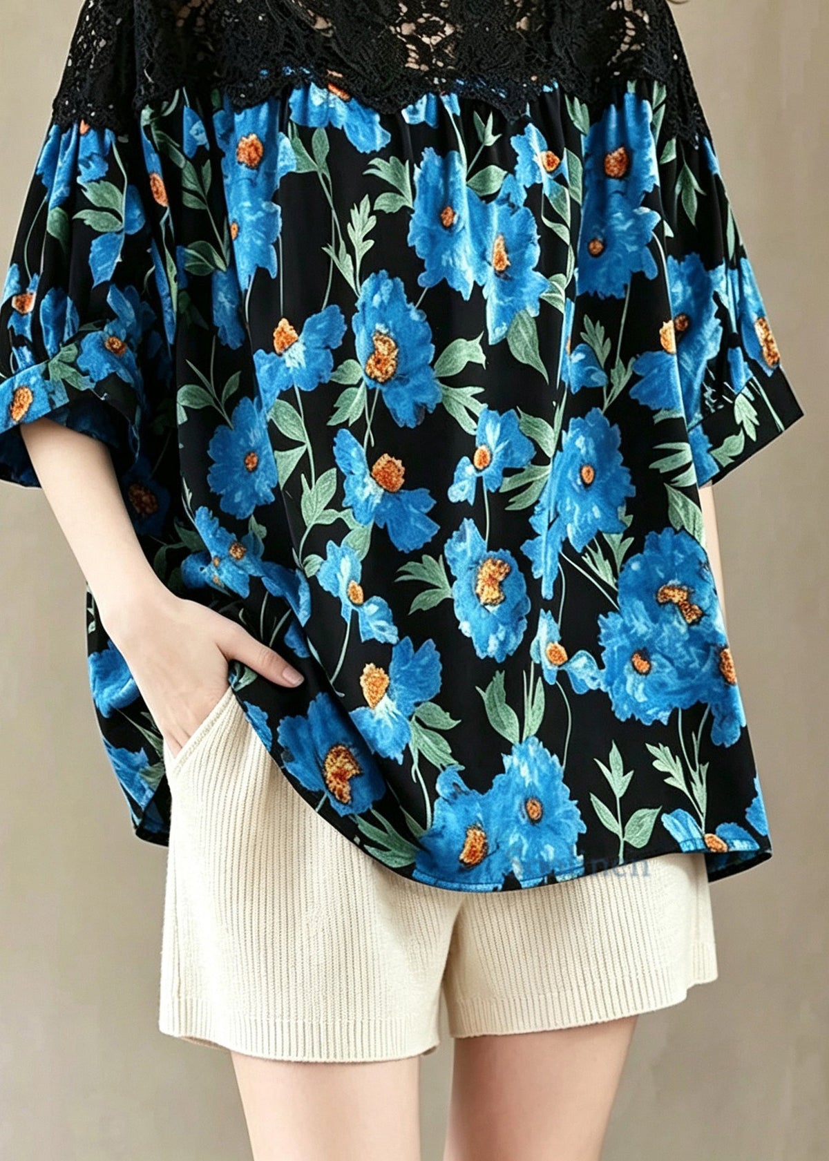 Plus Size Blue Floral O-Neck Lace Patchwork Top Summer