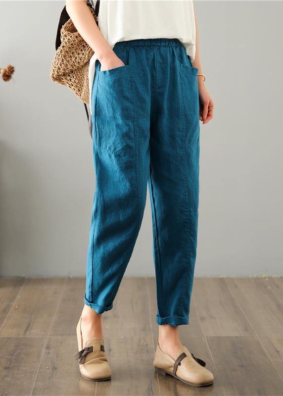 Plus Size Blue Harem Cotton Linen Summer Pants - SooLinen