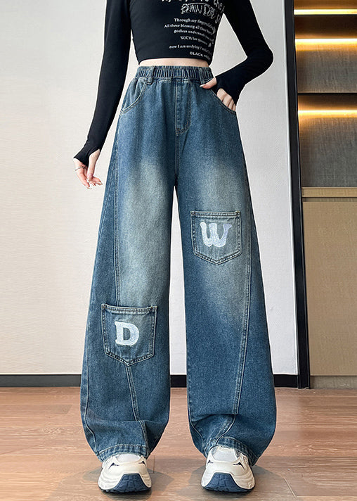 Plus Size blaue Jeans mit Taschen und elastischem Bund für den Frühling