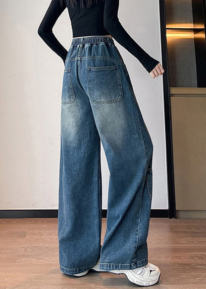 Plus Size blaue Jeans mit Taschen und elastischem Bund für den Frühling