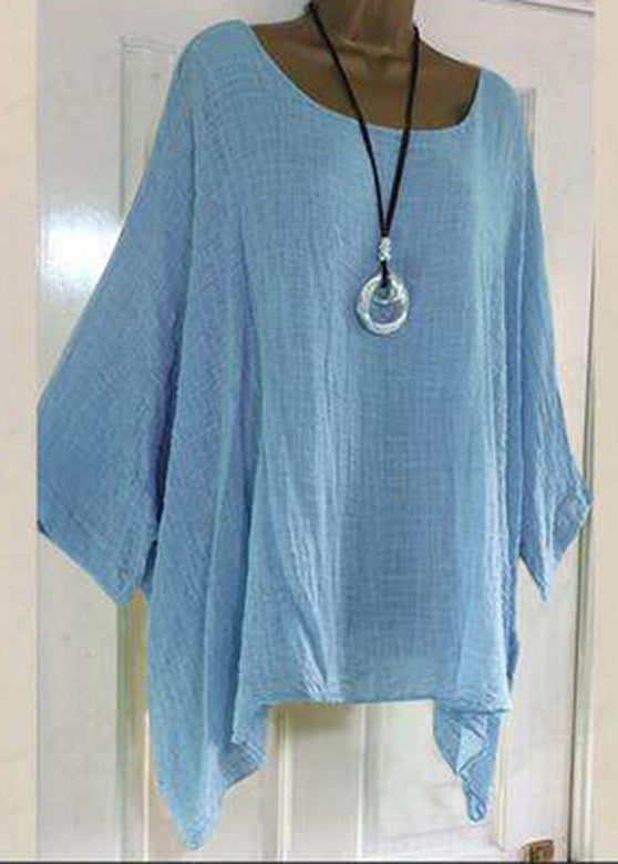 Plus Size Blue O-Neck Asymmetrical Solid T Shirts Half Sleeve