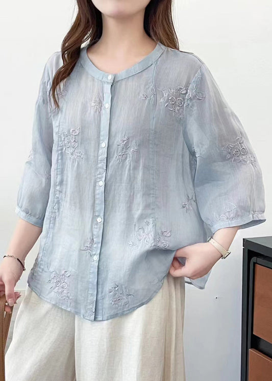 Plus Size Blue O-Neck Embroidered Linen Shirts Summer