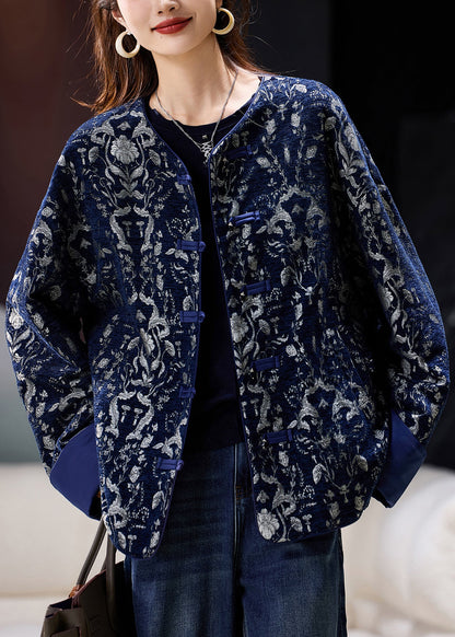 Blauer Baumwollmantel in Übergröße mit Rundhalsausschnitt, Jacquardmuster und orientalischen Knöpfen, Frühlingsform