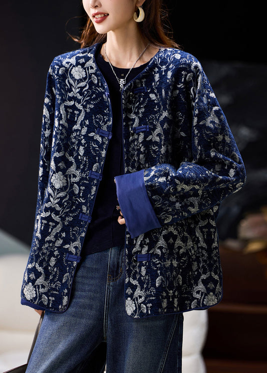 Plus Size Blue O Neck Jacquard Oriental Button Cotton Coat Spring