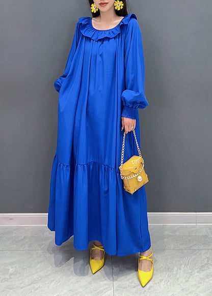 Plus Size Blue O-Neck Patchwork Long Dress Lantern Sleeve