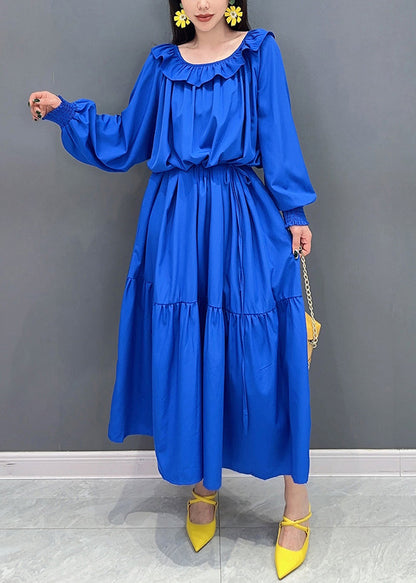 Plus Size Blue O-Neck Patchwork Long Dress Lantern Sleeve