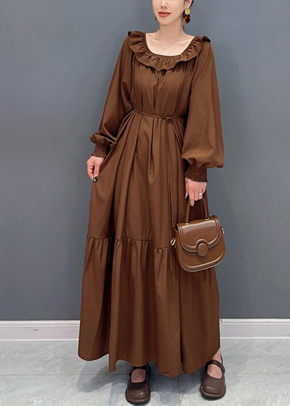 Plus Size Blue O-Neck Patchwork Long Dress Lantern Sleeve