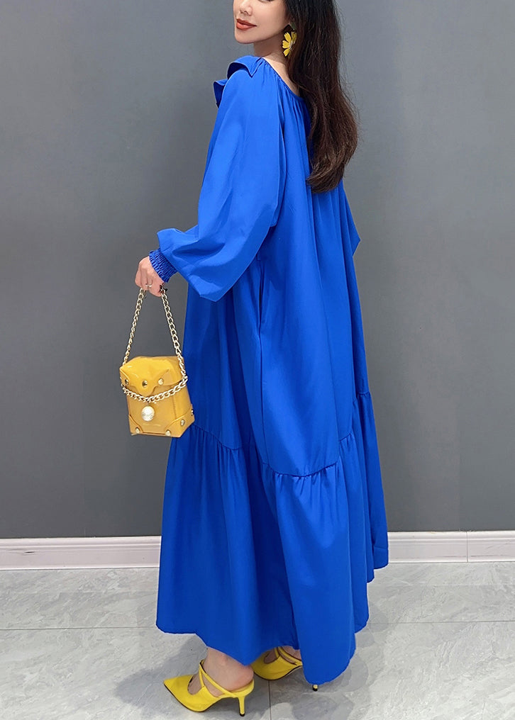 Plus Size Blue O-Neck Patchwork Long Dress Lantern Sleeve