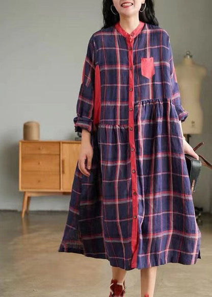 Plus Size Blau O-Ausschnitt Plaid Patchwork Hemdkleid Frühling