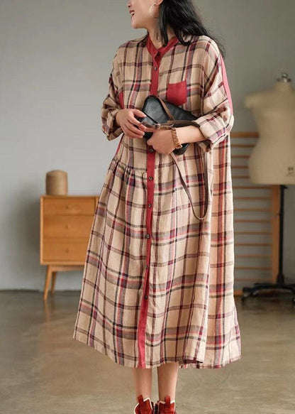 Plus Size Blau O-Ausschnitt Plaid Patchwork Hemdkleid Frühling