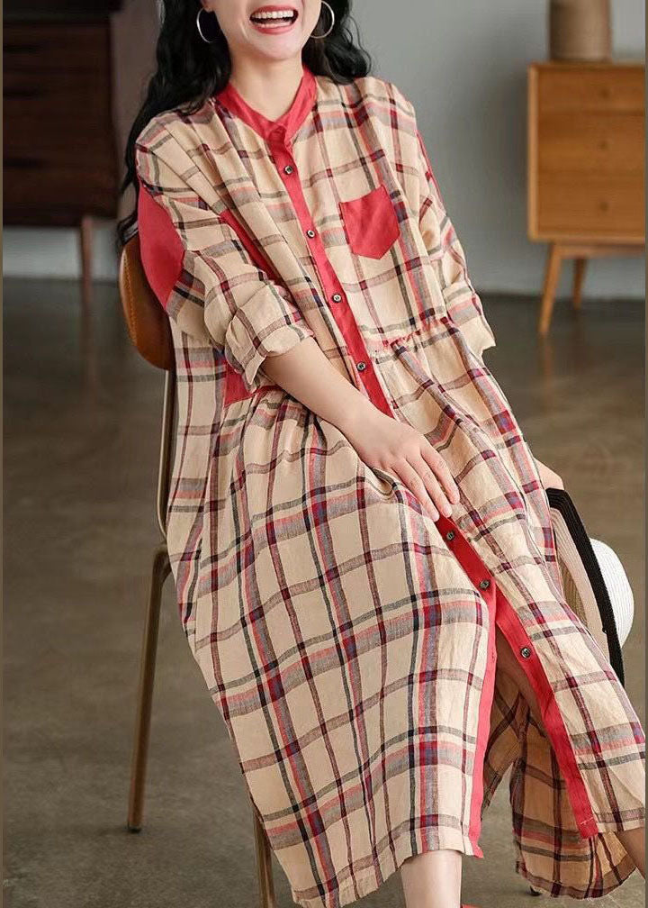 Plus Size Blau O-Ausschnitt Plaid Patchwork Hemdkleid Frühling