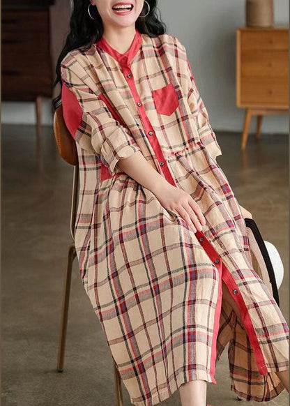 Plus Size Blau O-Ausschnitt Plaid Patchwork Hemdkleid Frühling