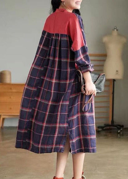 Plus Size Blau O-Ausschnitt Plaid Patchwork Hemdkleid Frühling