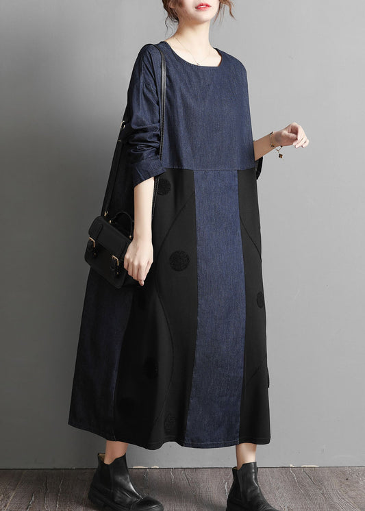 Plus Size Blau O-Ausschnitt Denim Patchwork Kleider Frühling