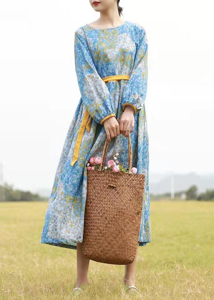 Plus Size Blau O-Ausschnitt Taillenbund Cinched Print Lange Kleider Langarm