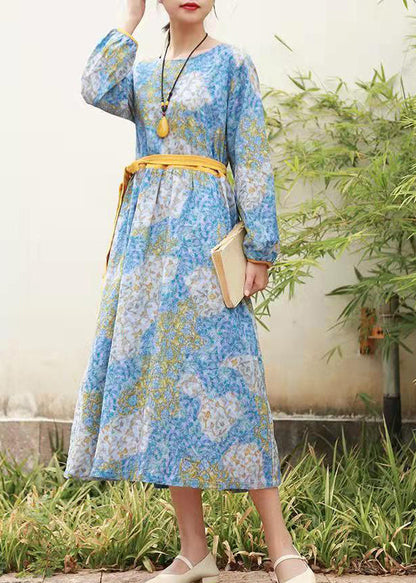 Plus Size Blau O-Ausschnitt Taillenbund Cinched Print Lange Kleider Langarm