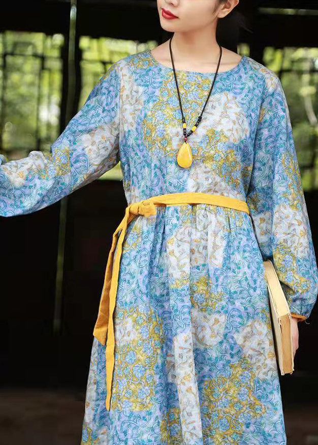 Plus Size Blau O-Ausschnitt Taillenbund Cinched Print Lange Kleider Langarm