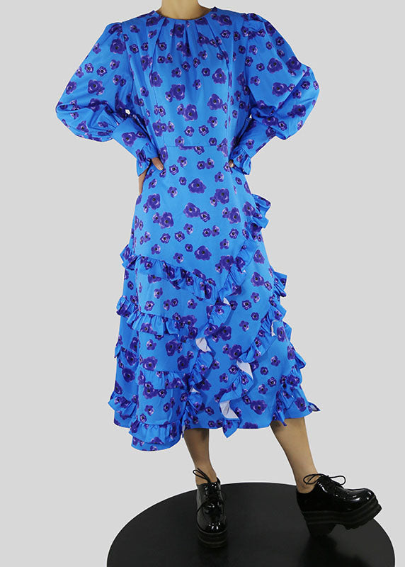 Plus Size Blaues O-Ausschnitt-Kleid mit Taillenbund und Rüschendruck