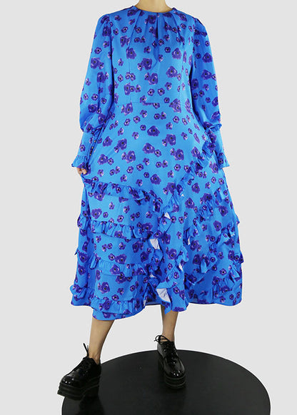 Plus Size Blaues O-Ausschnitt-Kleid mit Taillenbund und Rüschendruck