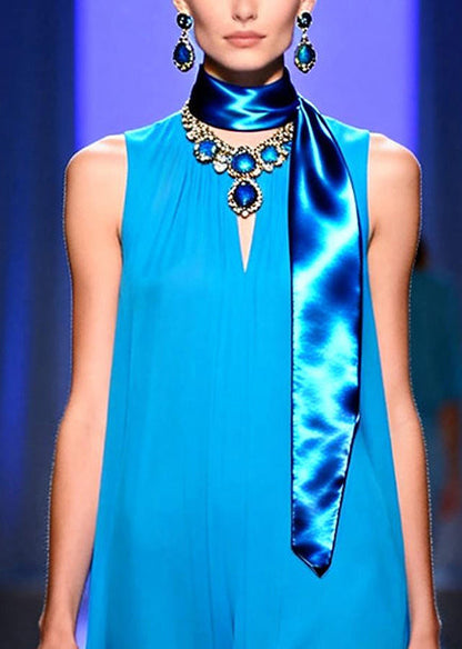 Plus Size Blue Oversized Draping Chiffon Mid Dresses Sleeveless