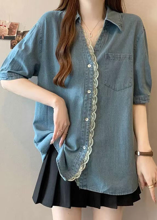 Plus Size Blue Oversized Lace Patchwork Denim Shirts Summer