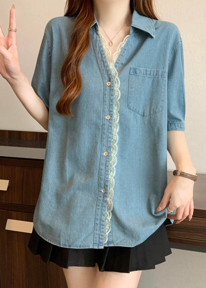 Plus Size Blue Oversized Lace Patchwork Denim Shirts Summer