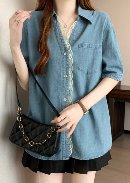 Plus Size Blue Oversized Lace Patchwork Denim Shirts Summer