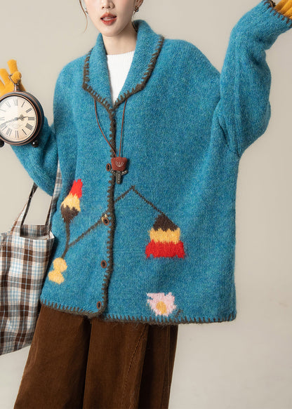 Plus Size Blaue Oversize-Strickjacke mit Print, locker geschnitten, Winter