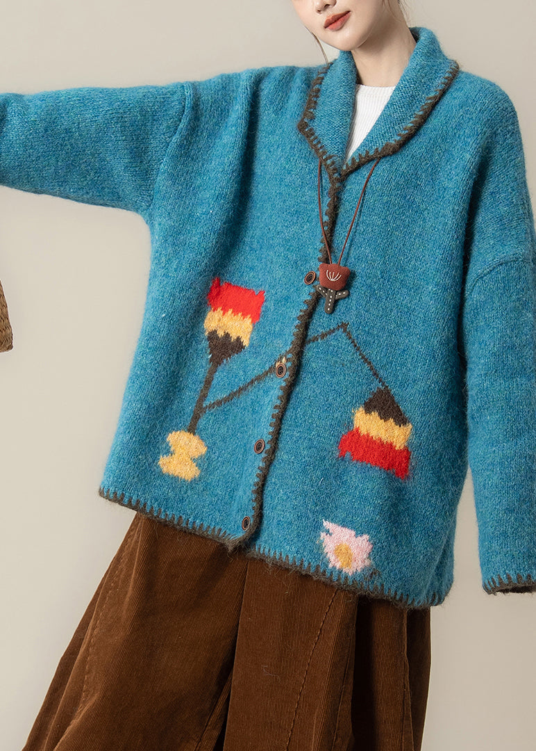 Plus Size Blaue Oversize-Strickjacke mit Print, locker geschnitten, Winter