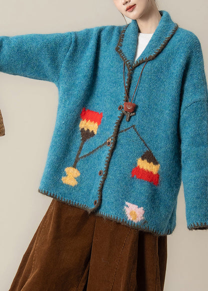 Plus Size Blaue Oversize-Strickjacke mit Print, locker geschnitten, Winter