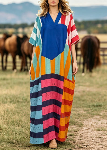 Plus Size Blue Oversized Striped Cotton Holiday Dress Summer