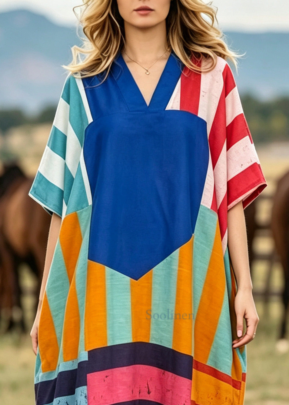 Plus Size Blue Oversized Striped Cotton Holiday Dress Summer