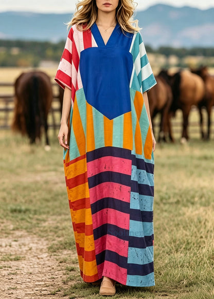 Plus Size Blue Oversized Striped Cotton Holiday Dress Summer