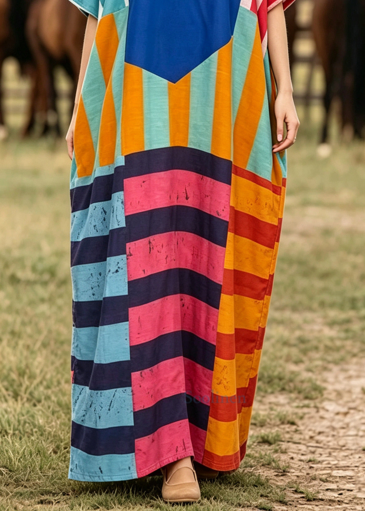 Plus Size Blue Oversized Striped Cotton Holiday Dress Summer