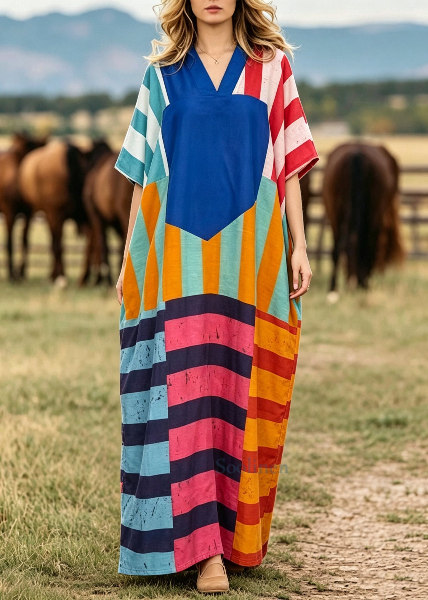 Plus Size Blue Oversized Striped Cotton Holiday Dress Summer