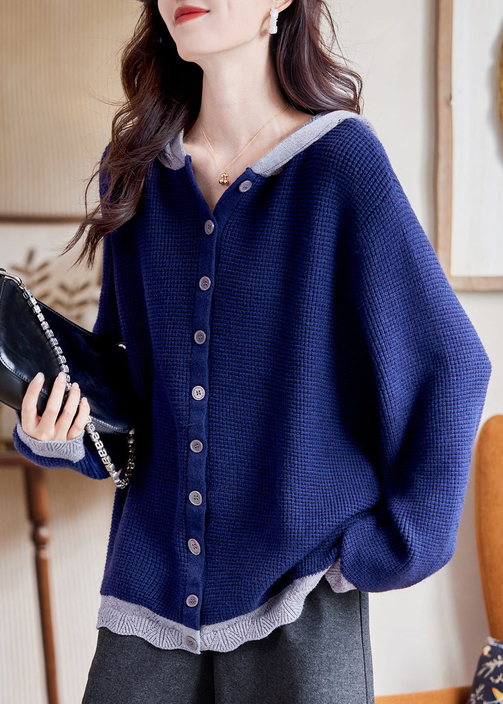 Plus Size Blue Patchwork Button Cotton Hooded Knit Cardigan Fall