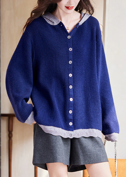 Plus Size Blue Patchwork Button Cotton Hooded Knit Cardigan Fall