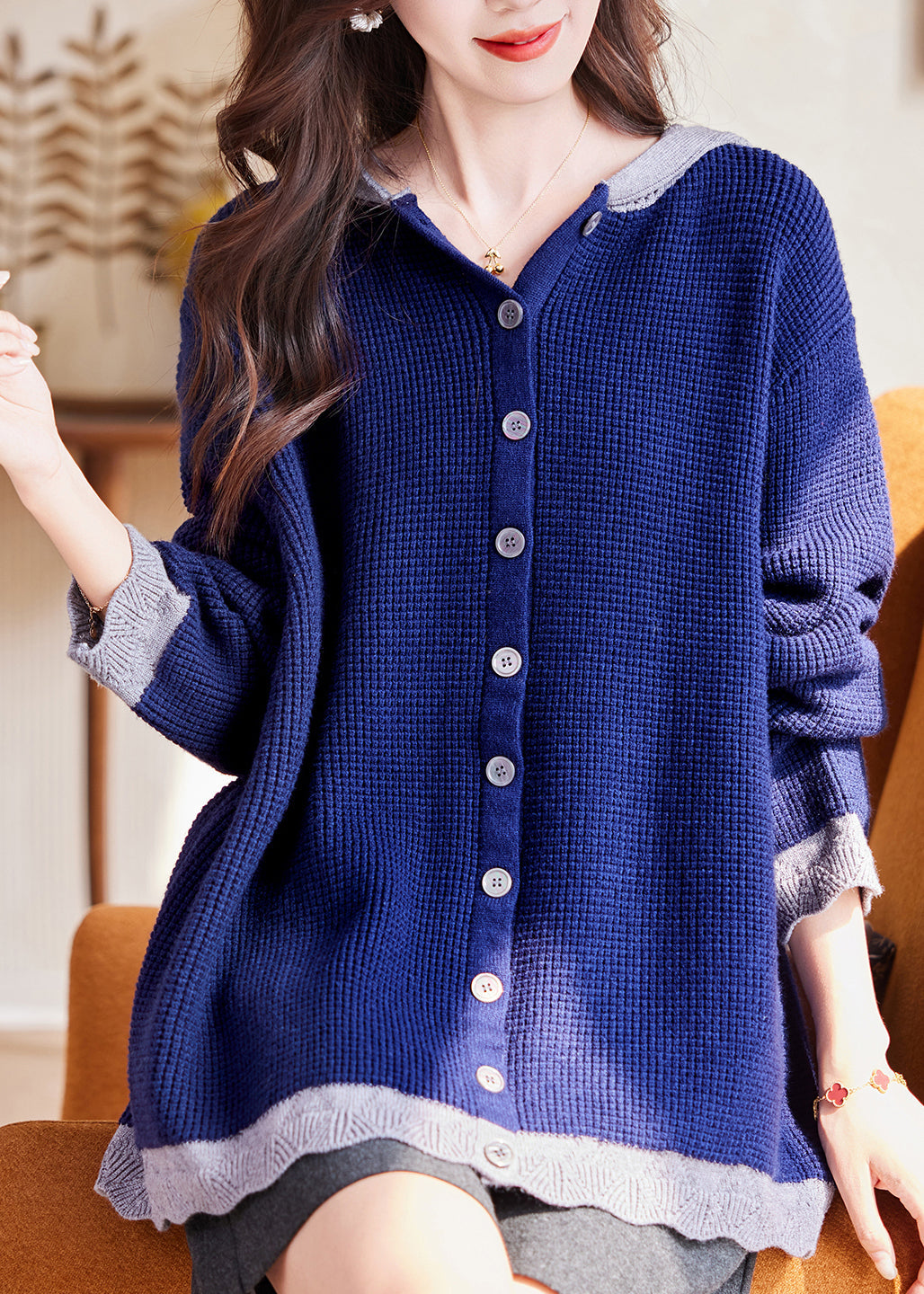 Plus Size Blue Patchwork Button Cotton Hooded Knit Cardigan Fall