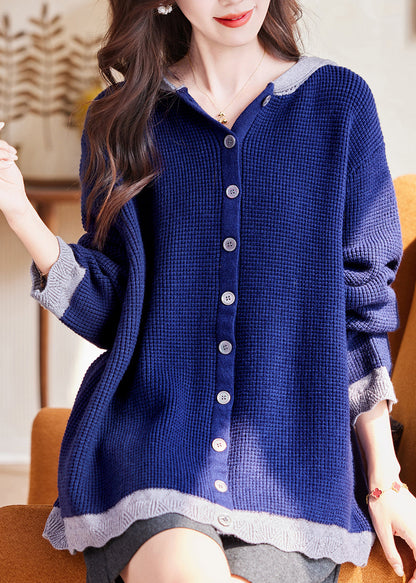 Plus Size Blue Patchwork Button Cotton Hooded Knit Cardigan Fall