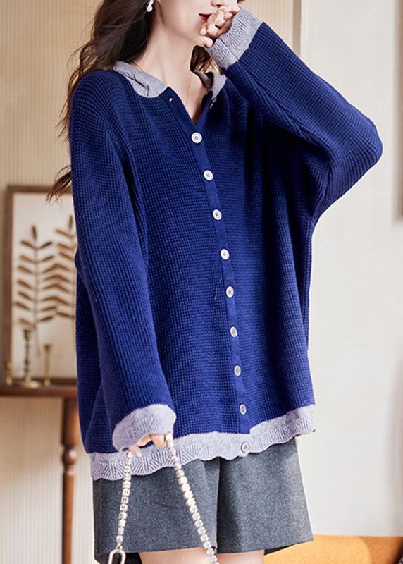 Plus Size Blue Patchwork Button Cotton Hooded Knit Cardigan Fall