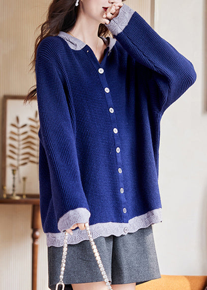 Plus Size Blue Patchwork Button Cotton Hooded Knit Cardigan Fall